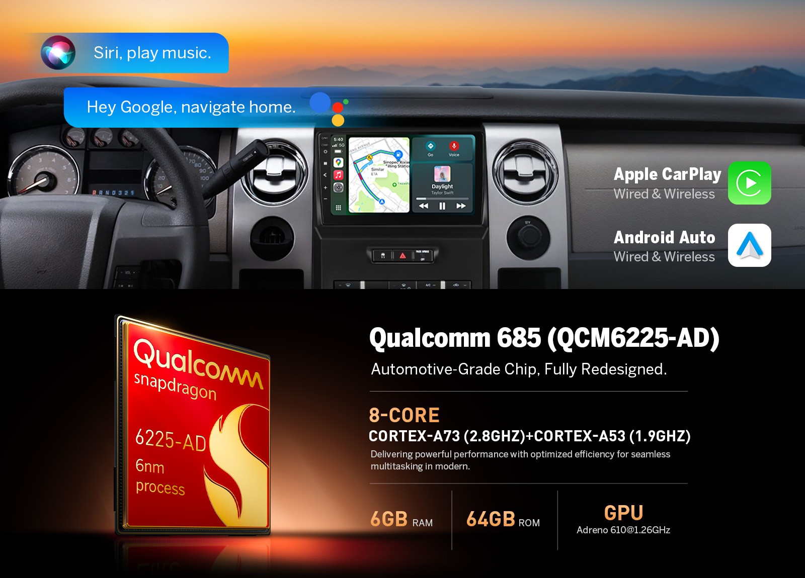 6+64GB Android Auto 9″ QLED Car Stereo Head Unit for Ford F-150 Wireless CarPlay