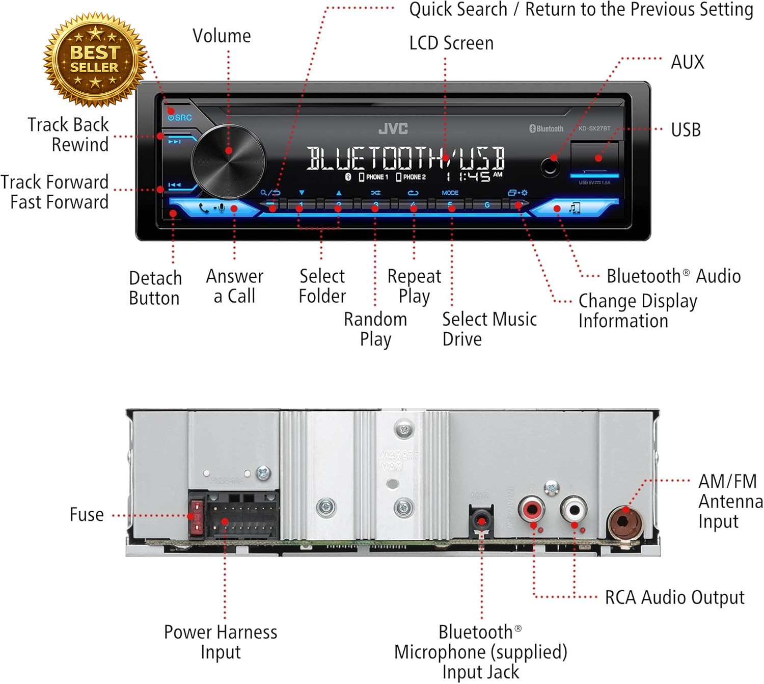 JVC KD-SX27BT Bluetooth Car Stereo Single DIN 100W USB AUX FM AM Receiver
