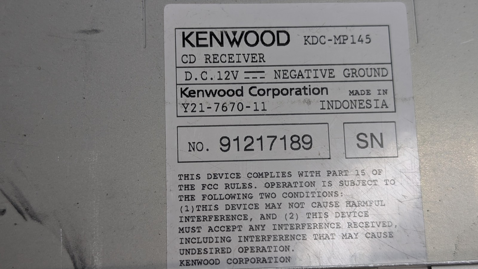 Kenwood KDC-MP145 radio receiver stereo Head Unit UNTESTED