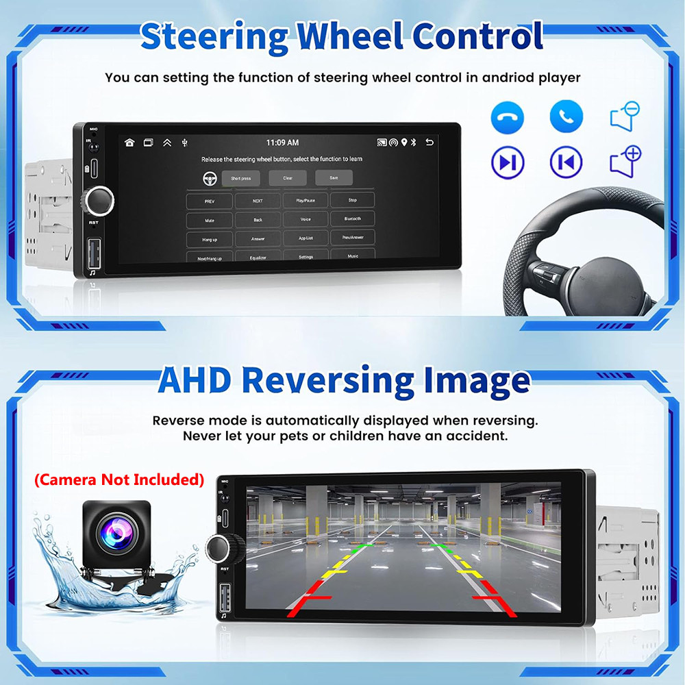 Android 13 Single 1 Din Car Stereo Wireless Apple Carplay/Android Auto Radio 64G