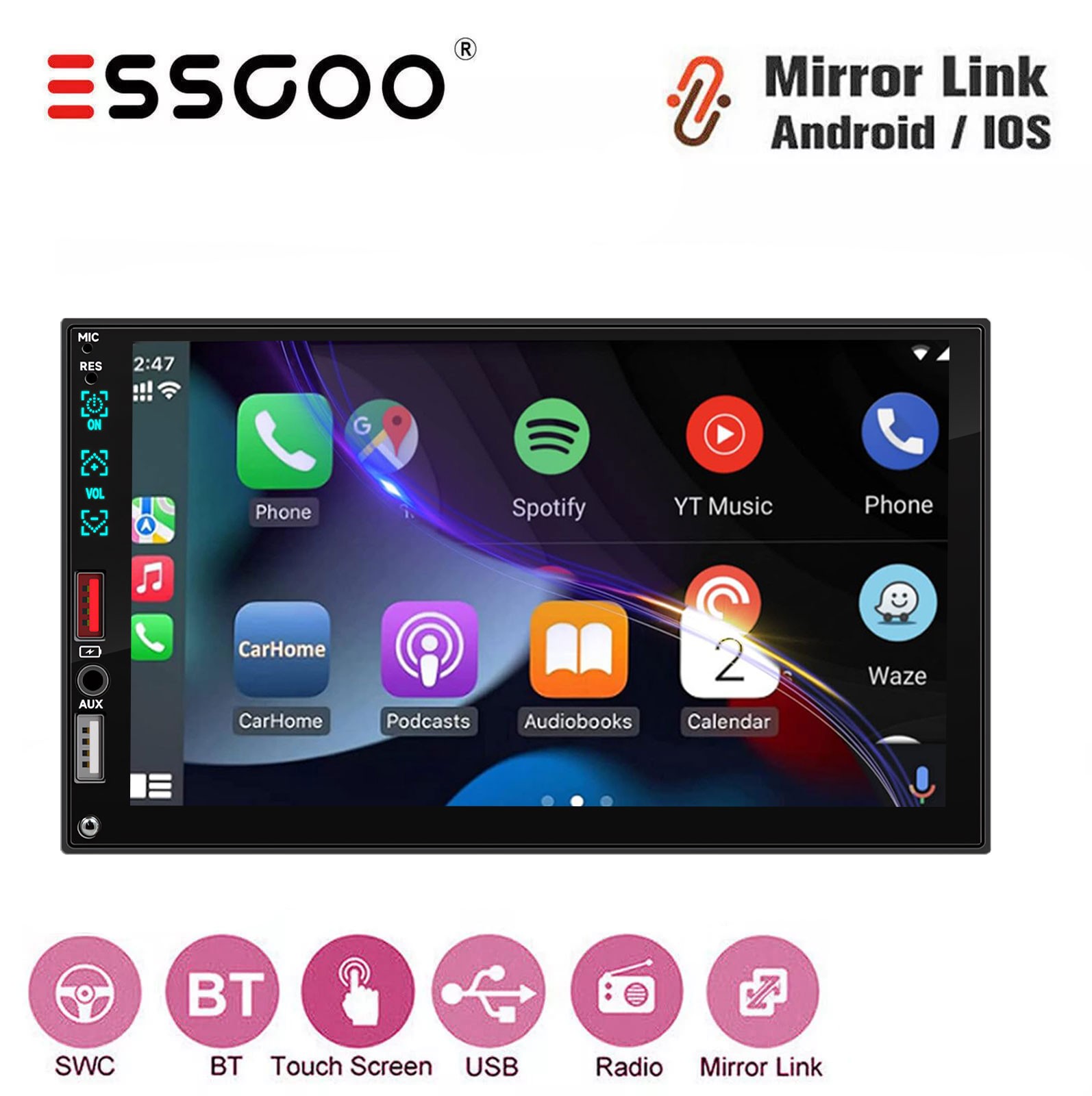 Single 1 Din 7″ HD Touch Screen Stereo Head Unit Apple/Android Carplay MP5 Radio