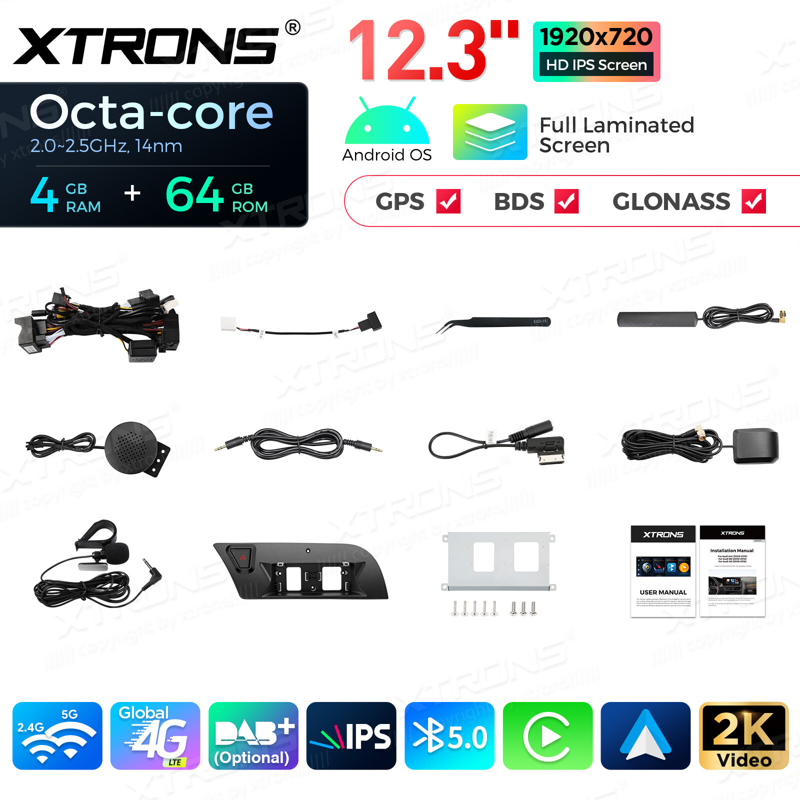 For Audi A4 A5 LHD 12.3″ Android Radio Player Wireless CarPlay IPS Screen 4G 64G