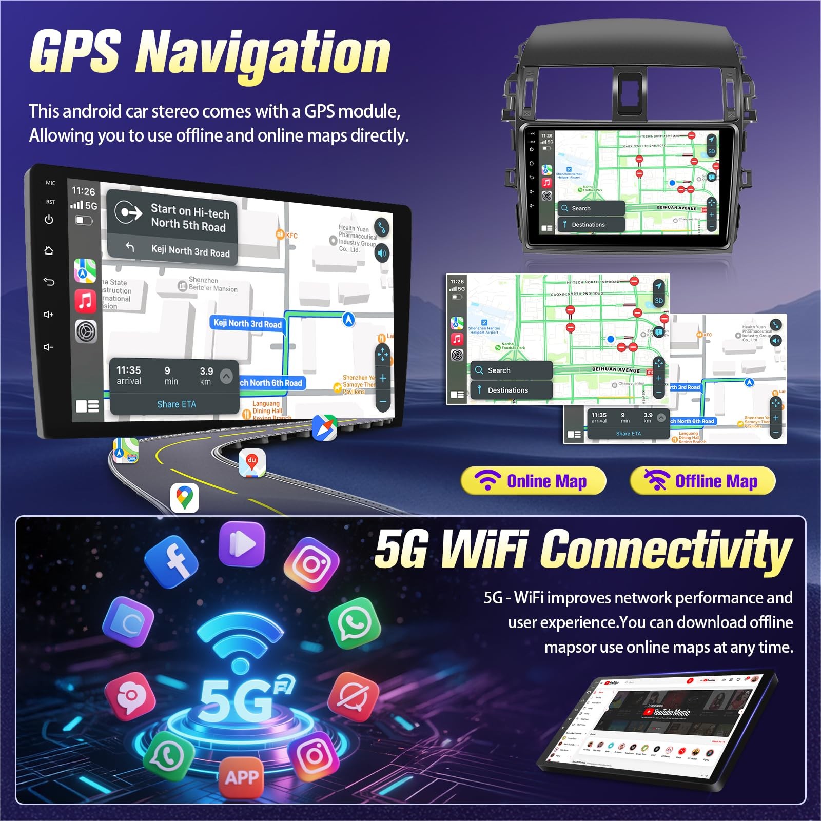 4Core 64G Carplay Radio Stereo Android 13 Screen For Toyota Corolla 2009-2013