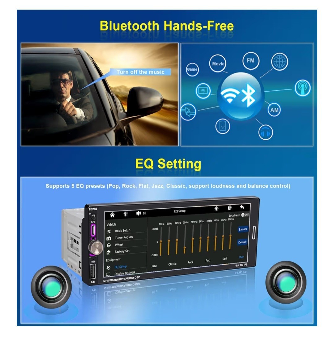 6.9″ Single DIN Car Radio with Wireless Apple CarPlay, Car Bluetooth 5.2, AM FM