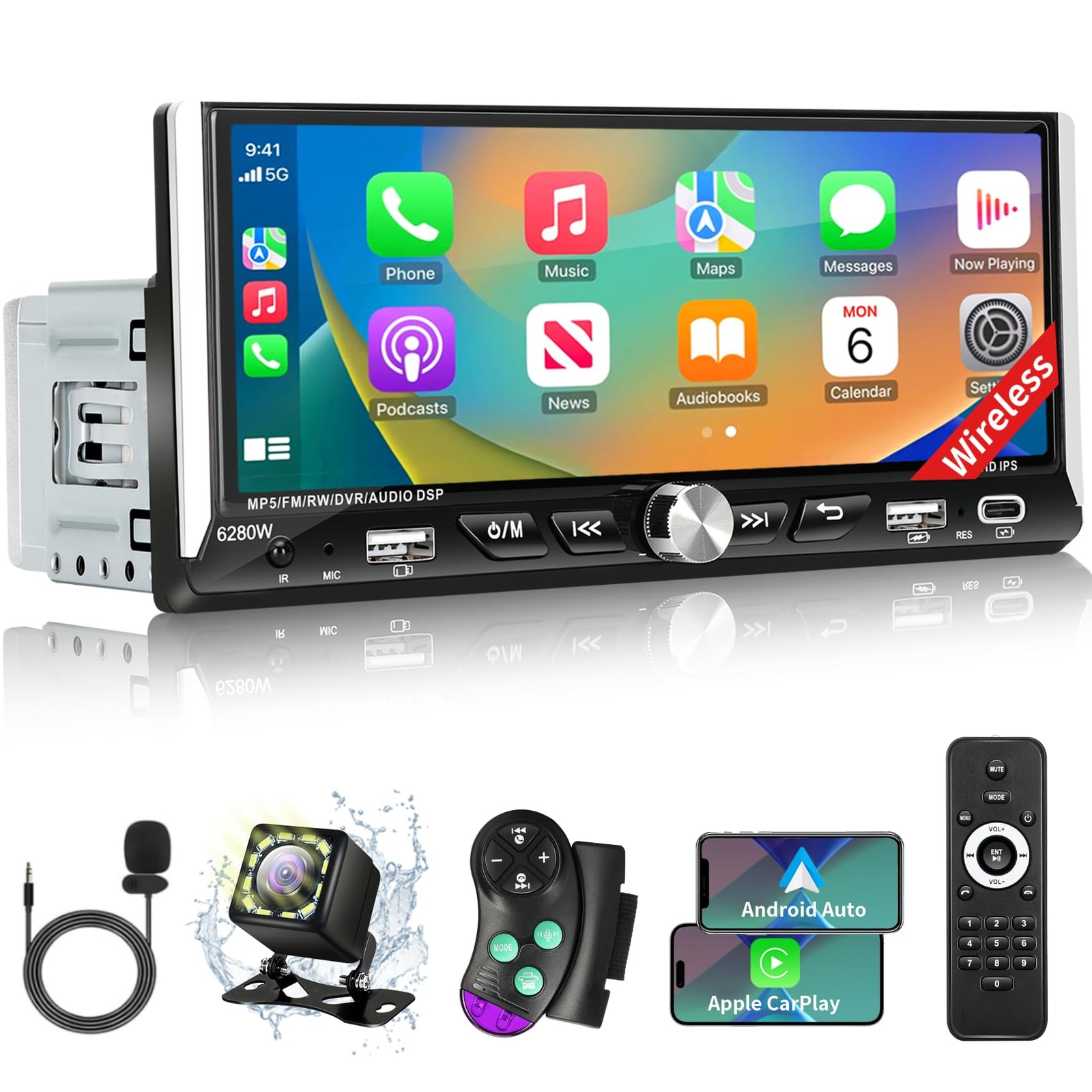 Single Din Car Stereo with Wireless Apple Carplay Android Auto, 6.9″ IPS Touc…