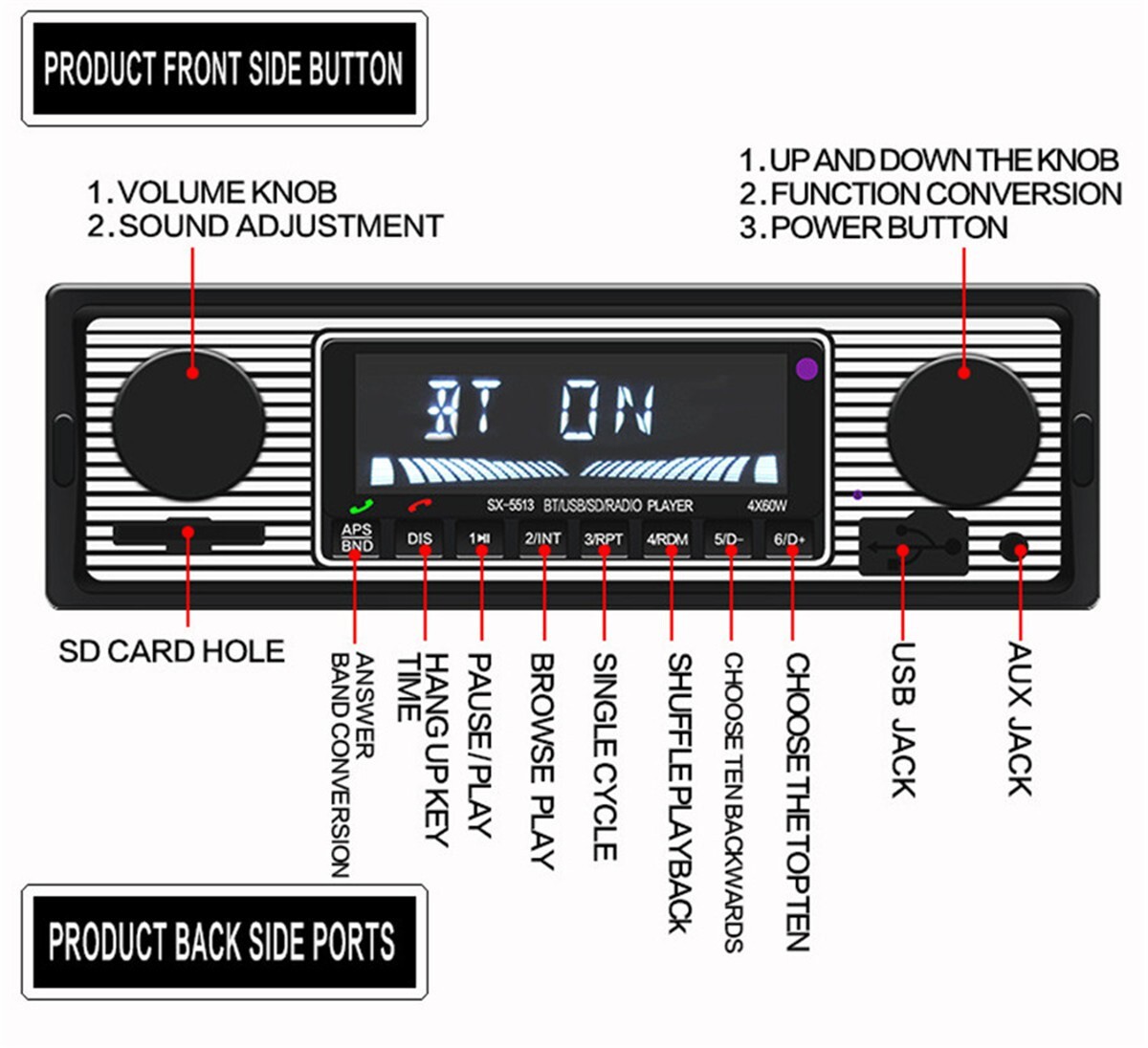 Bluetooth Vintage Car FM Radio MP3 Player USB Stereo Audio Receiver AUX 1 Din