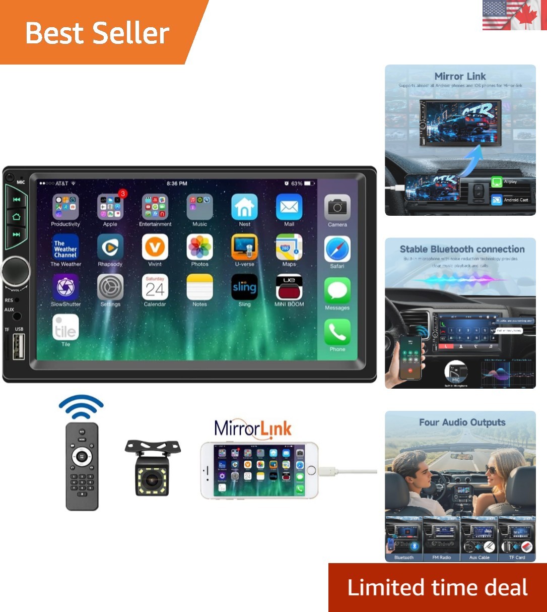 Comprehensive 7-Inch Car Stereo with Mirror Link, Back Camera, & Color Backlight