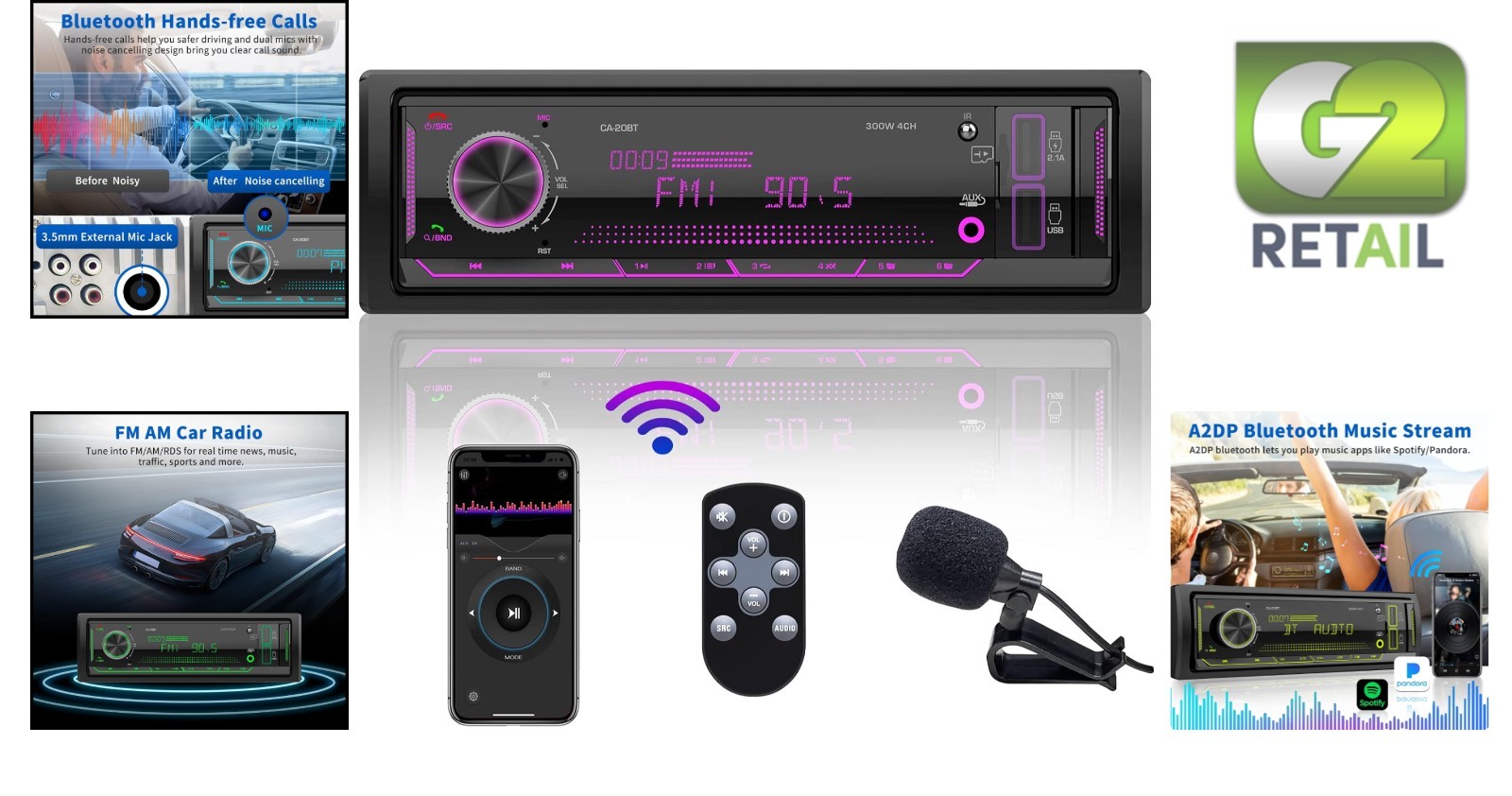 Car Stereo with 300W Sound Output, USB & AUX Inputs – Bluetooth Ready