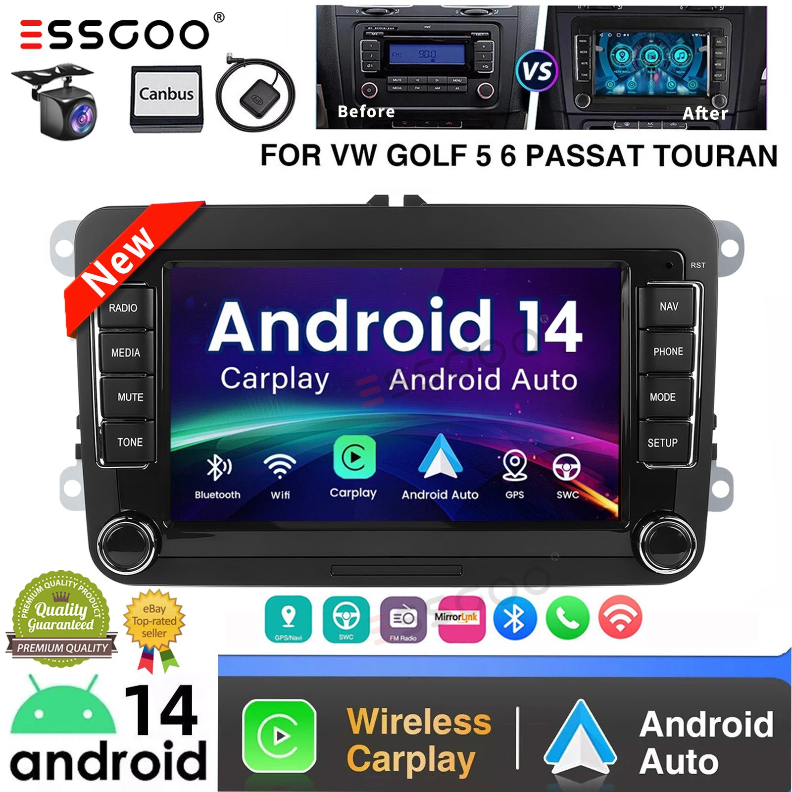 7″ Apple Carplay For VW Volkswagen Jetta Passat Android 14 Car Stereo Radio GPS