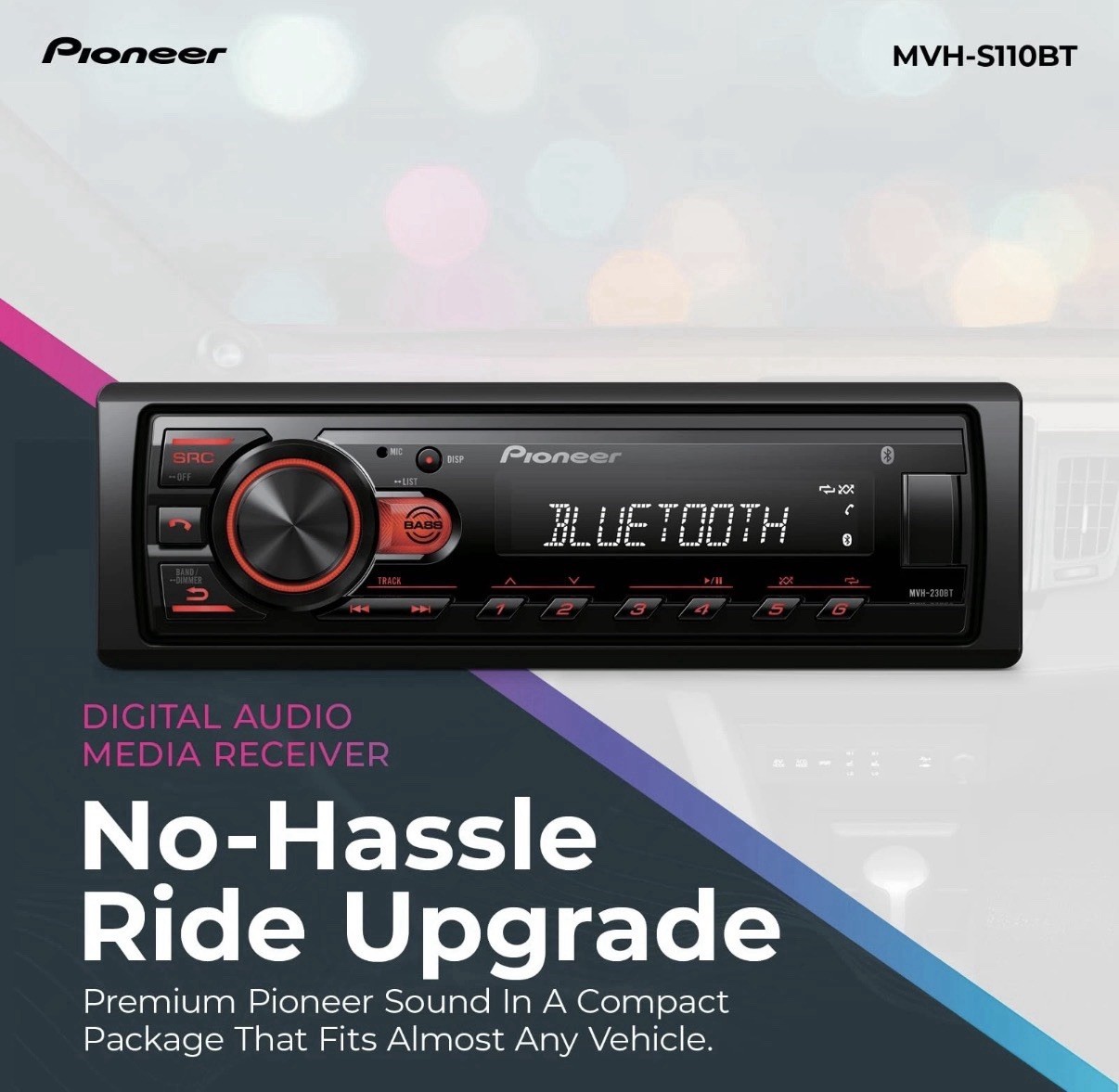Pioneer MVH-S110BT 1-Din Digital Media Receiver Car Stereo – Bluetooth, Black