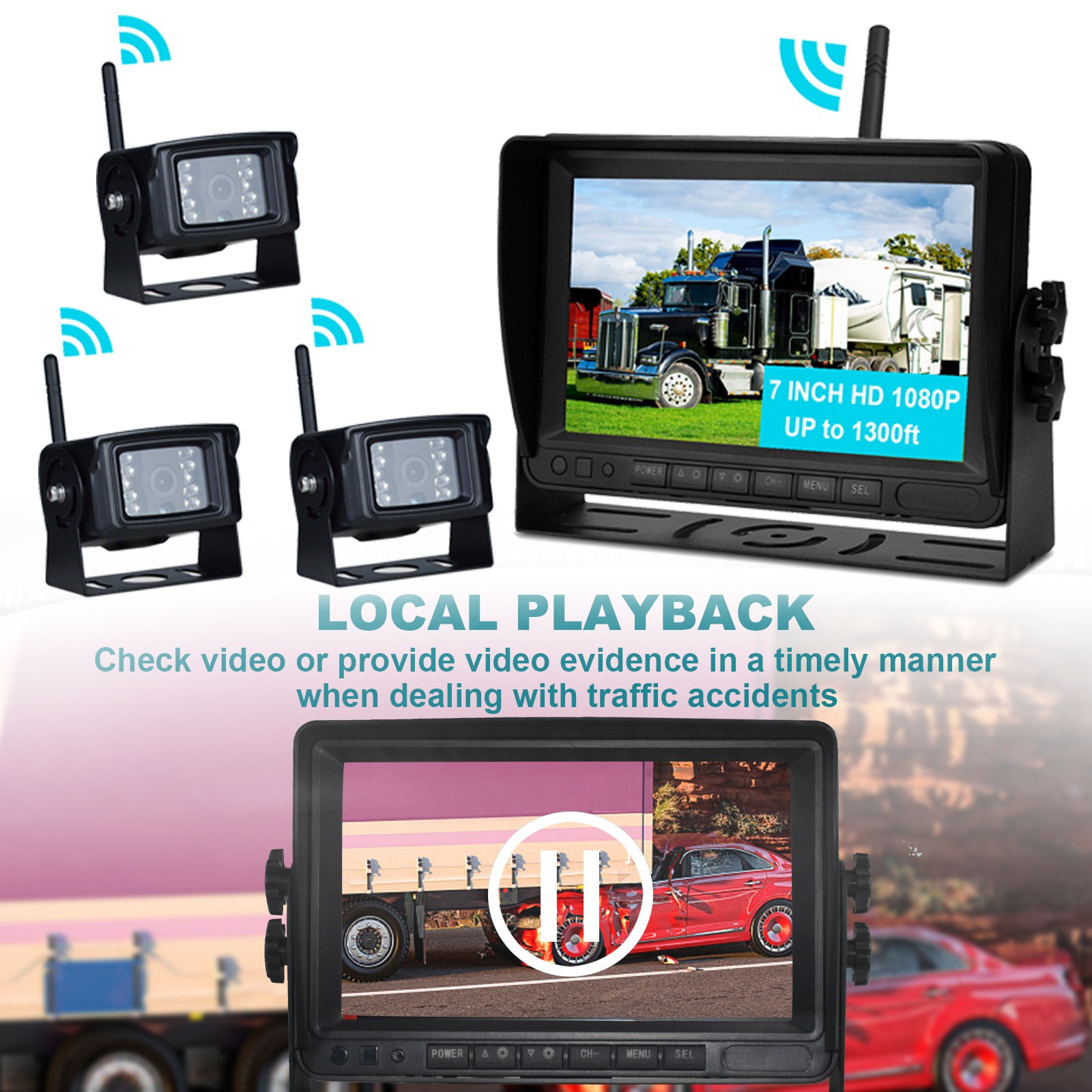 7″ Display Wireless AHD 1080P 3CH Rear View Backup Camera Kit for Truck Trailer