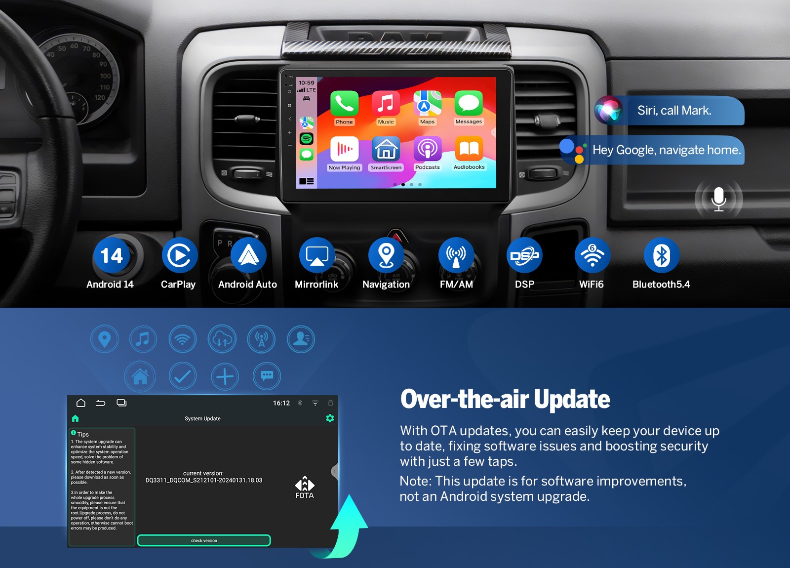 Eonon DGRMX7 For RAM 1500 2500 3500 Car Radio 9″Android 14 CarPlay OTA Update BT