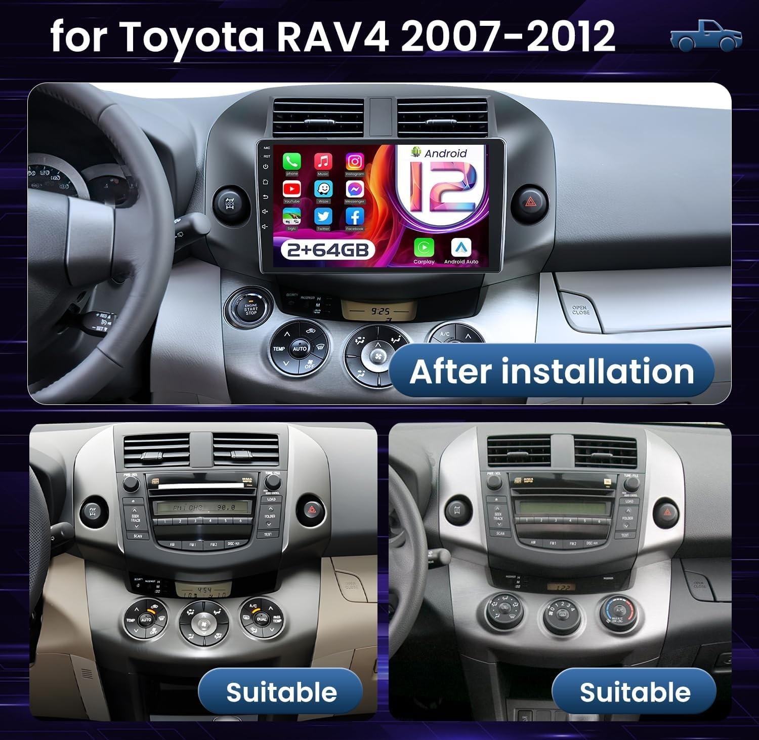 For 2006-2012 Toyota Old Radio Carplay FM RDS IPS Touchscreen Head Unit EQ Cam