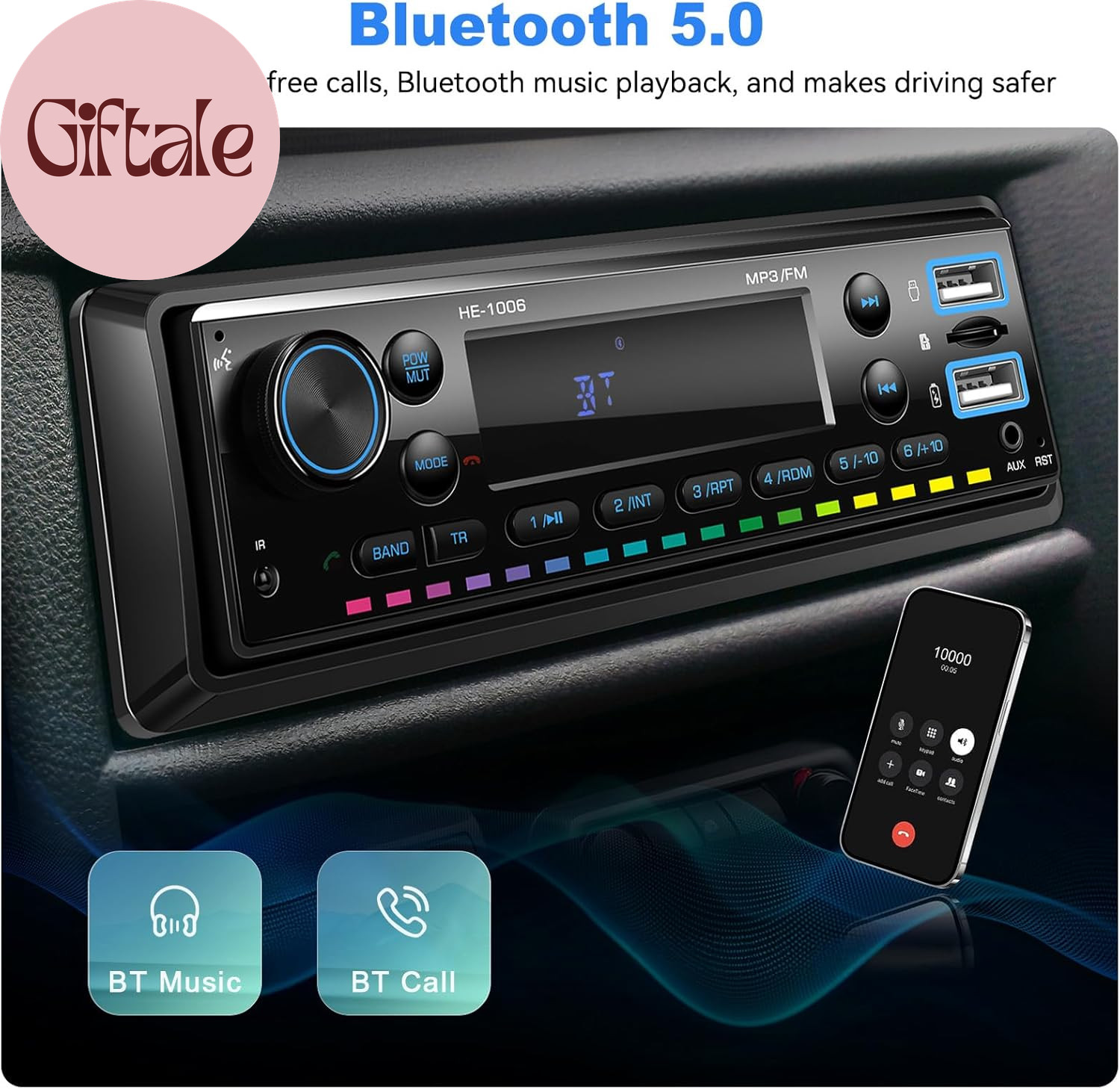 Single DIN Bluetooth Car Stereo FM Radio MP3 Player with 64GB TF Card