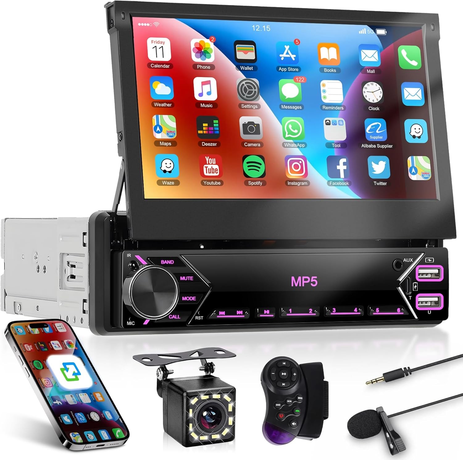 Radio estéreo para coche 1 DIN, pantalla táctil abatible, reproductor MP5,USB,BT