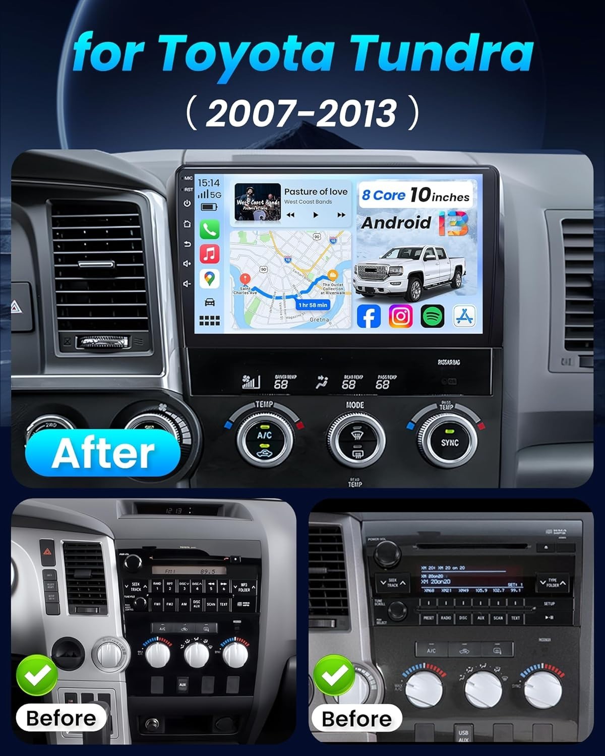 10.2″ 8Core 32G Android Auto Carplay Stereo for Toyota Tundra 2007-2013