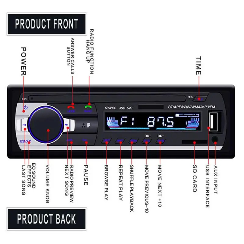 Car Radio Bluetooth Stereo MP3 Player 2USB/TF/FM/AUX Head Unit CD Single 1 DIN