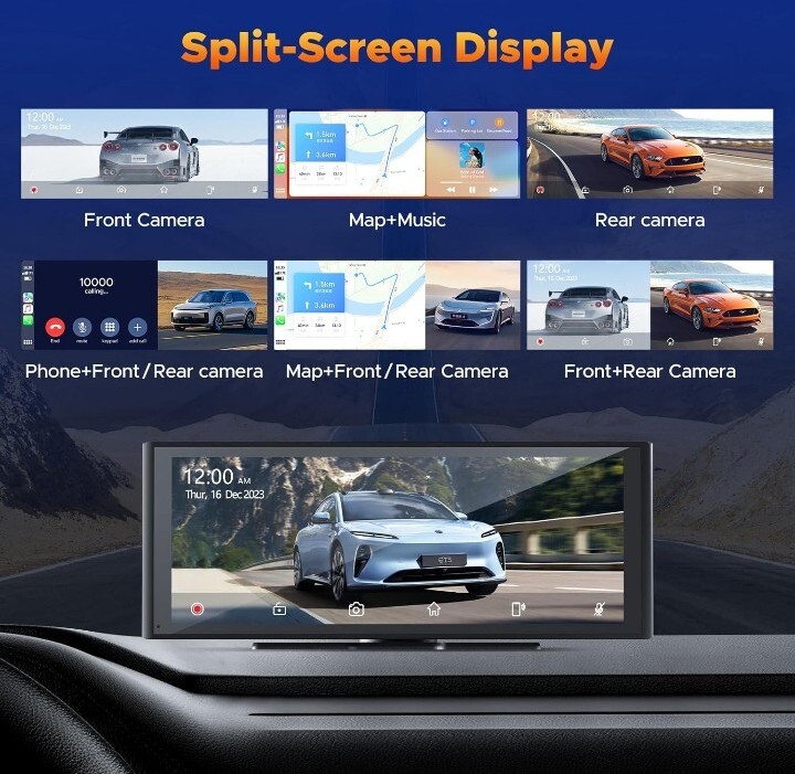 Volam 9.26” Wireless Carplay Screen Portable Car Stereo with 4K Dash Cam, 1080p