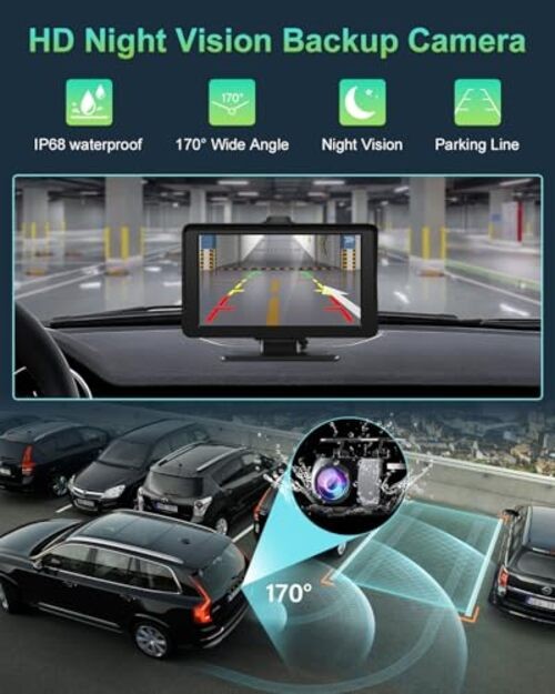 Apple Carplay Screen for Car, 7″ HD Portable Dual-mount with Backup Camera