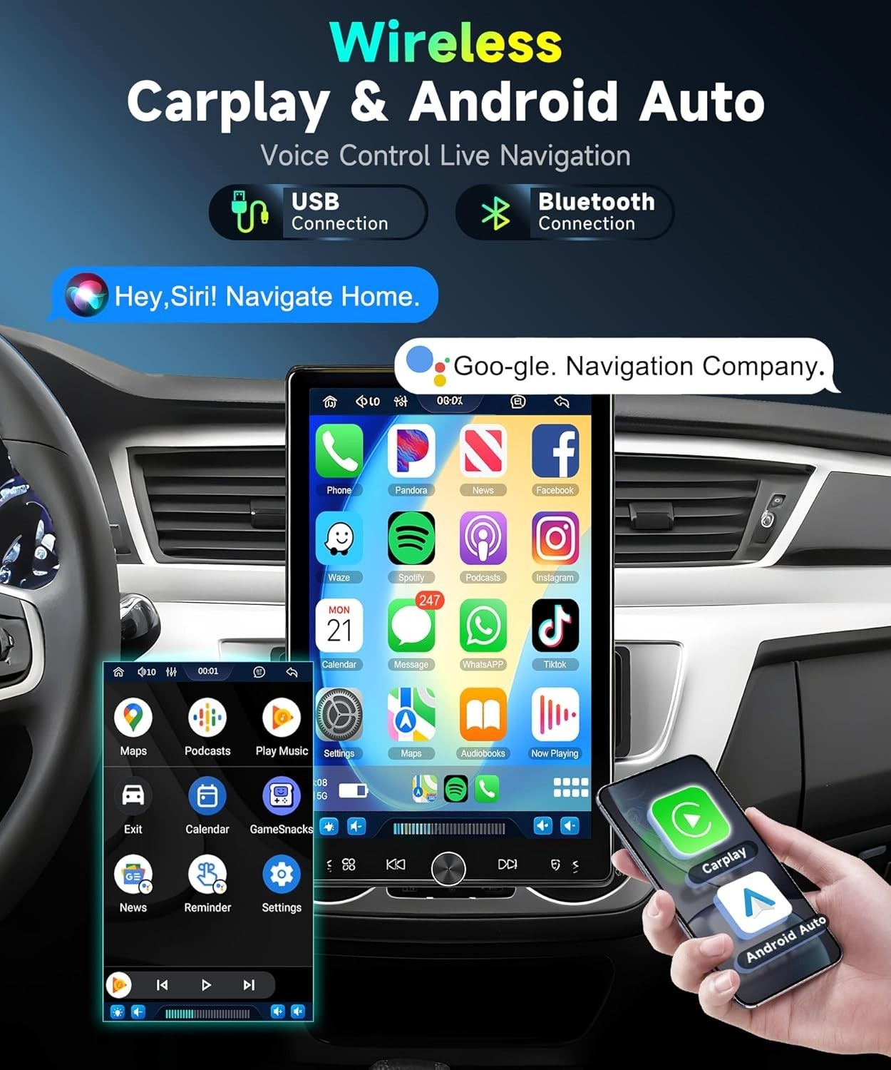 10.4 inch Single Din Car Stereo with Wireless Carplay Android Auto-2025 Upgra…