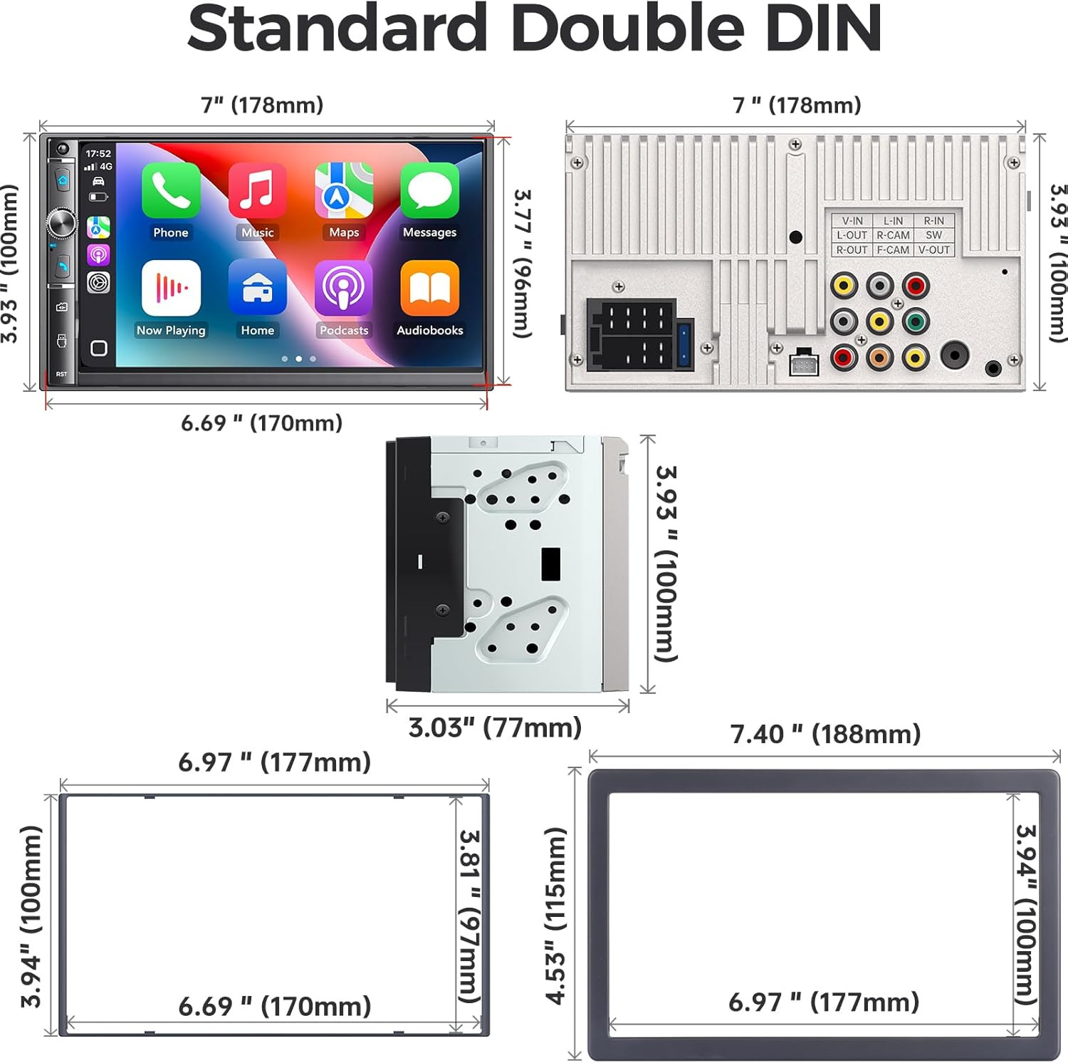 7″ HD Double Din Car Stereo, Wireless CarPlay/Android Auto, Bluetooth, Backup Ca