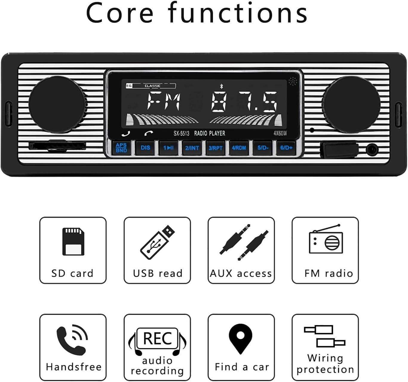 Vintage-Inspired 7-Inch Bluetooth Car Stereo with FM Radio & Remote