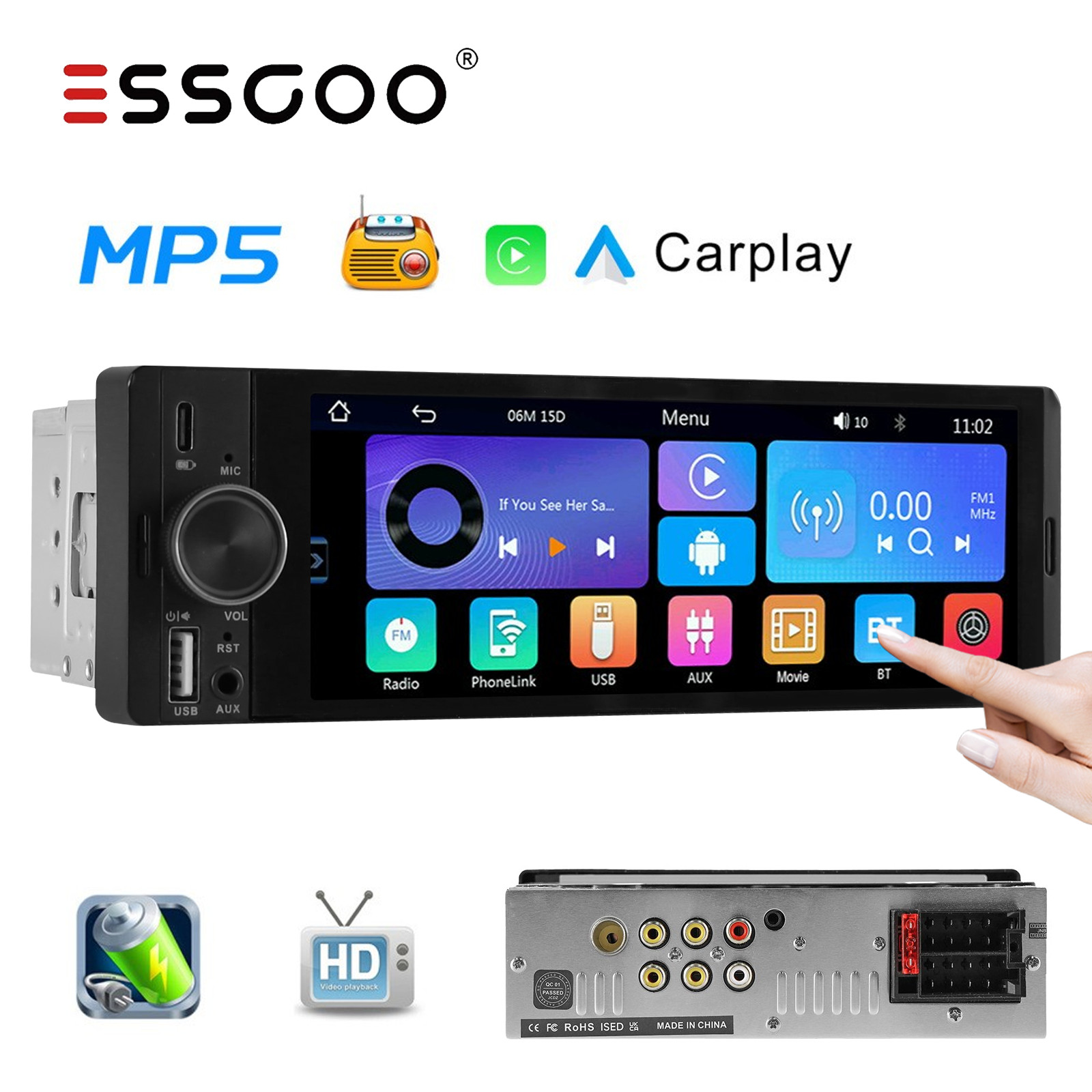6.36″ Single Din Car Stereo Wireless CarPlay Android Auto Radio Bluetooth MP5 FM