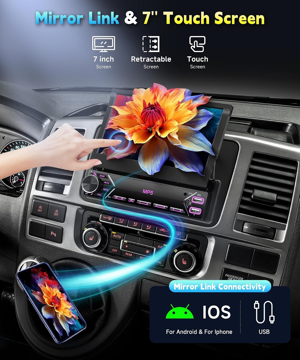 7 inch Single Din Flip Out IPS Touchscreen Car Stereo, 1 Din Car Stereo with Blu