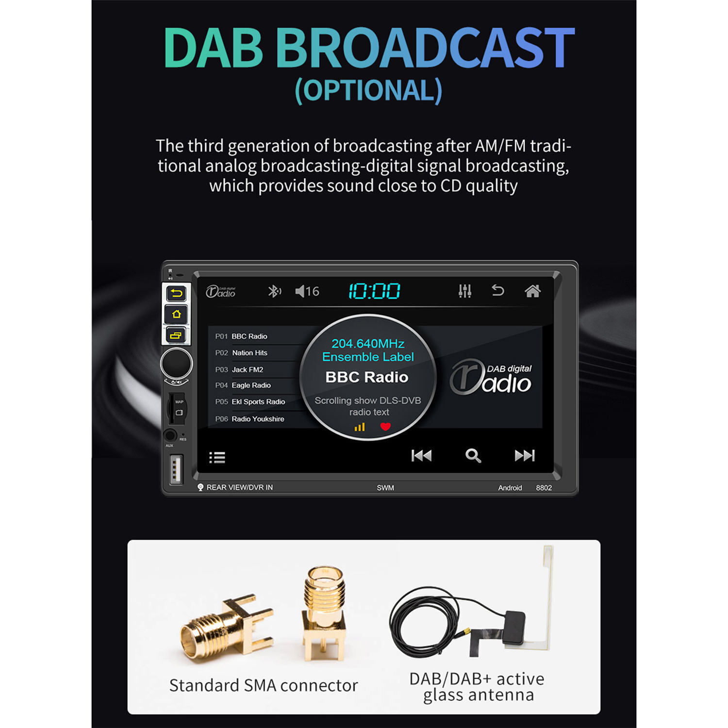 Car Radio 7 inch Android 10.1 Bluetooth WIFI Steering Wheel w/ S-8802C 2-Din