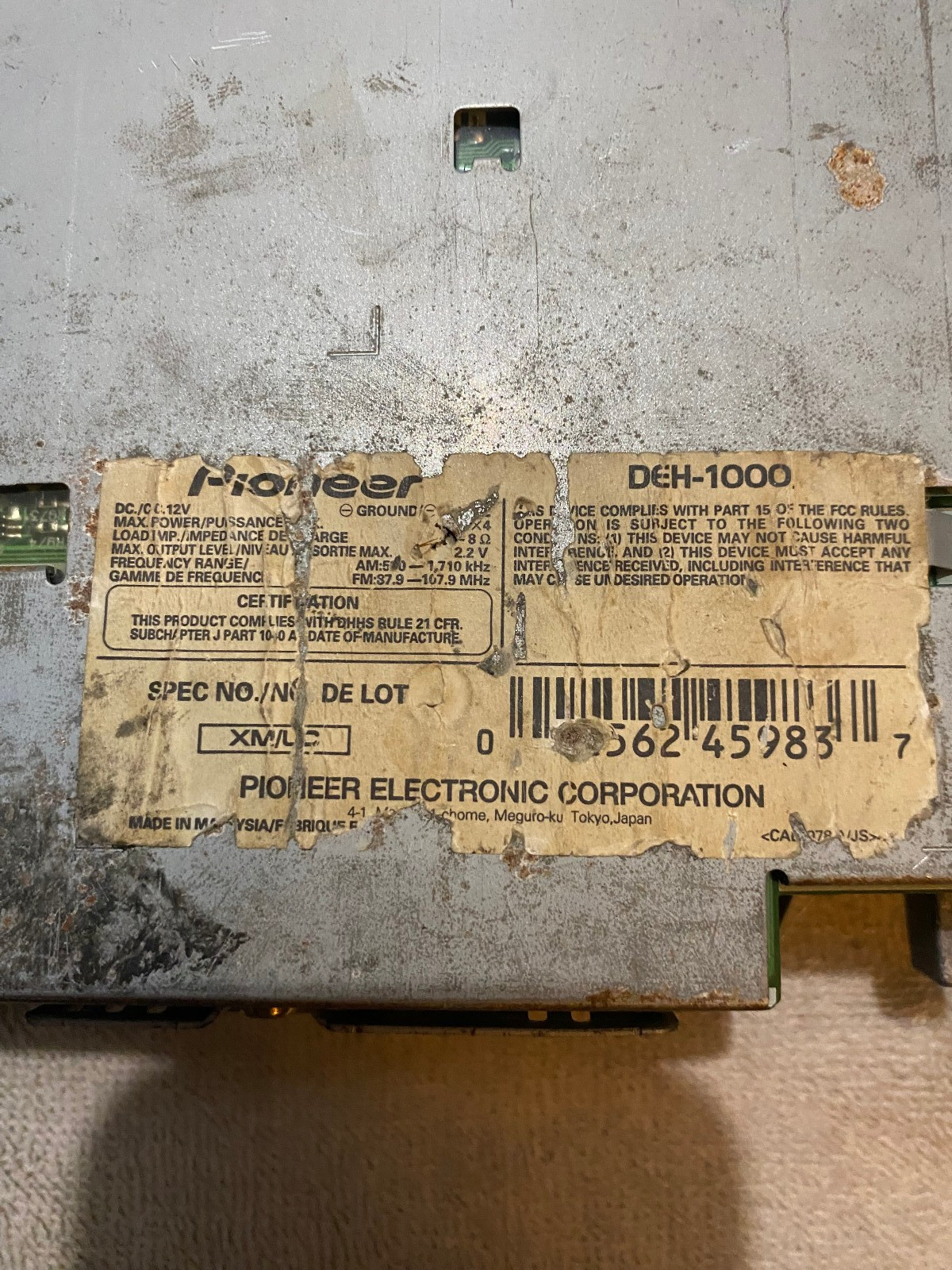 Vintage Pioneer Car Cd Player DEH-1000 Mosfet 45wx4 Untested