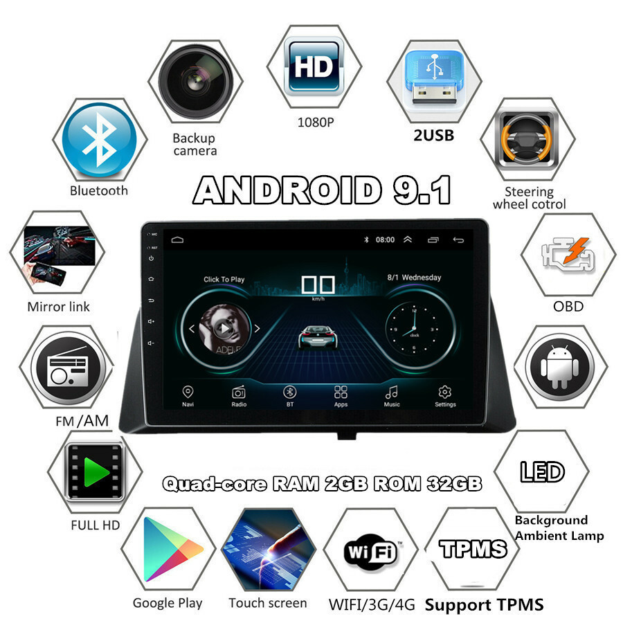 Car Android 9.1 HD Quad-core 10.1″ GPS Wifi RAM 2GB ROM 32GB For 08-12 Accord