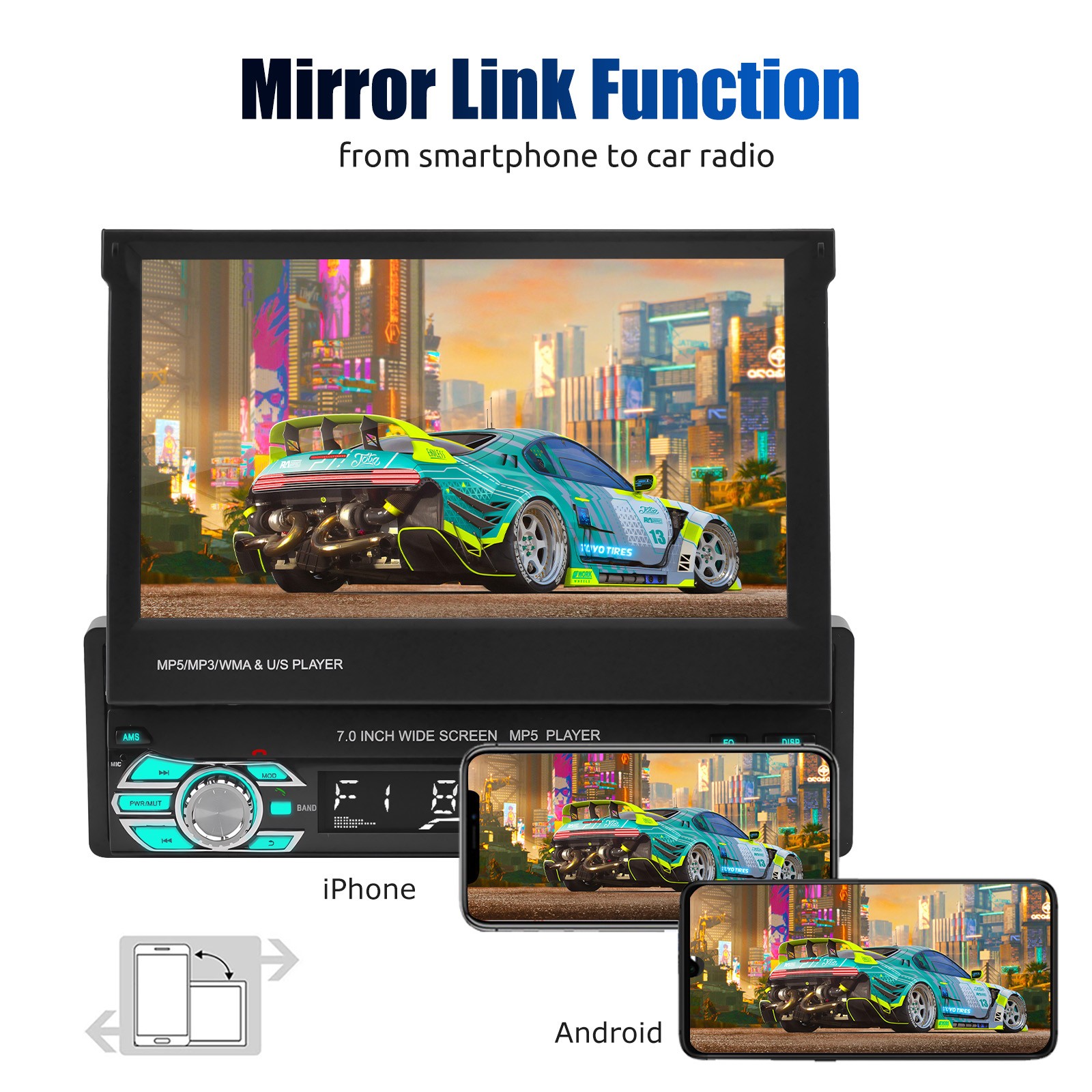 Single Din Car Stereo Wireless Apple CarPlay 5.1 Touchscreen Bluetooth MIC&CAM