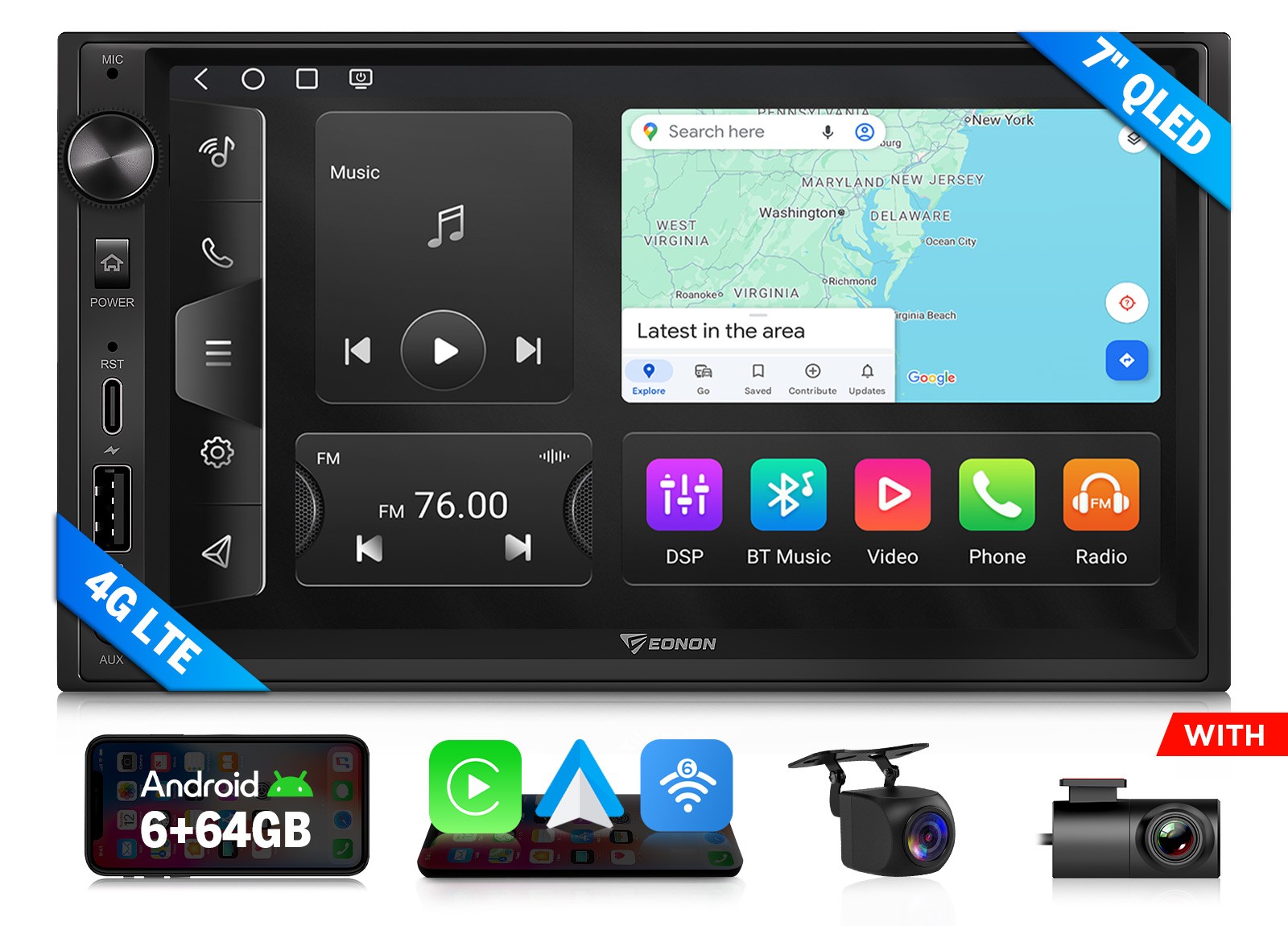 2DIN Android Auto 7″ QLED 6+64 Car Stereo Head Unit CarPlay GPS Sat Nav Sim Card