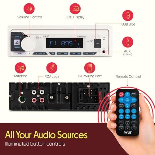 Pyle PLMRB29W2 Single DIN Marine Bluetooth USB/AUX MP3 In-Dash White Receiver