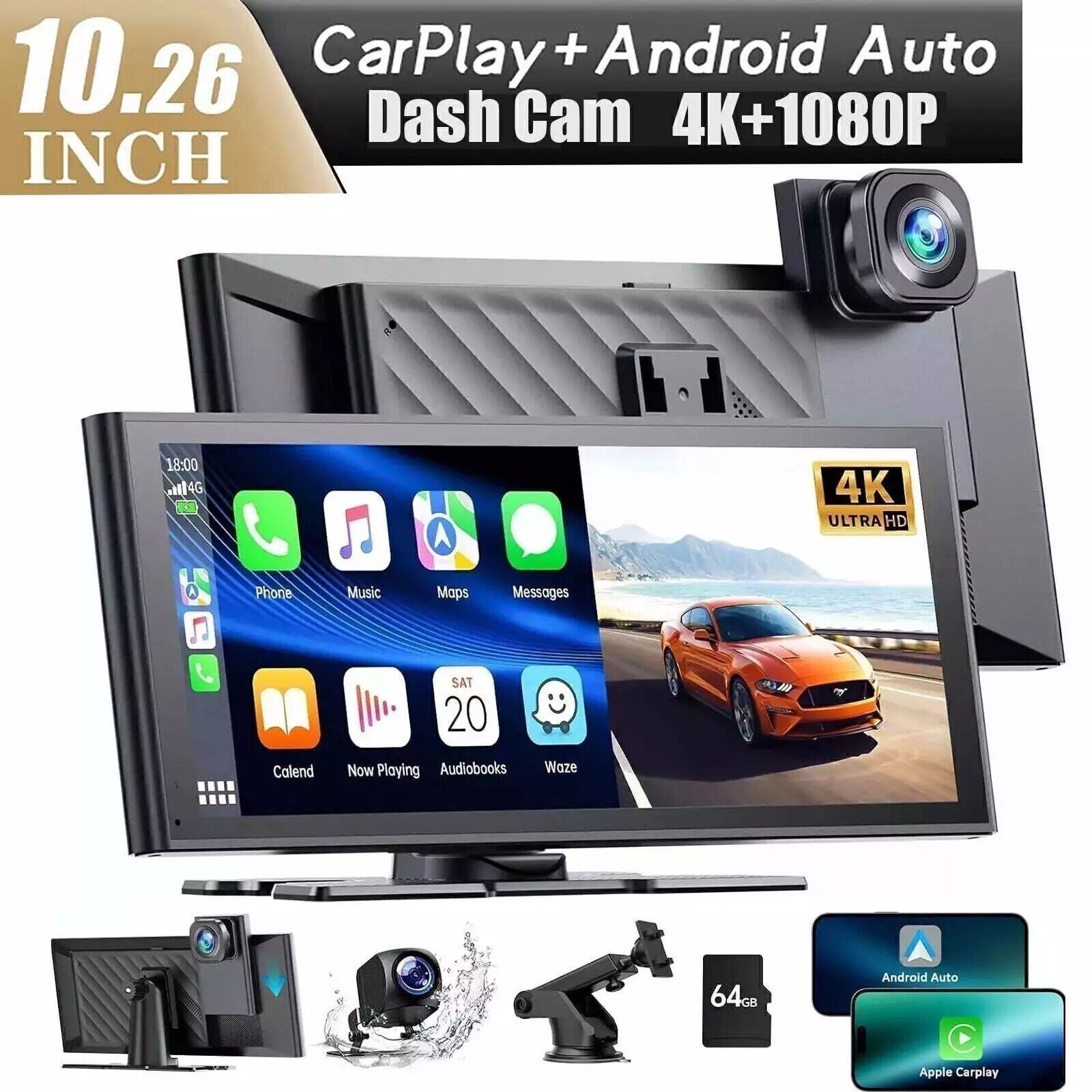 4K DashCam Portable Car Stereo Radio Wireless Apple Carplay&Android Auto+Cam 64G