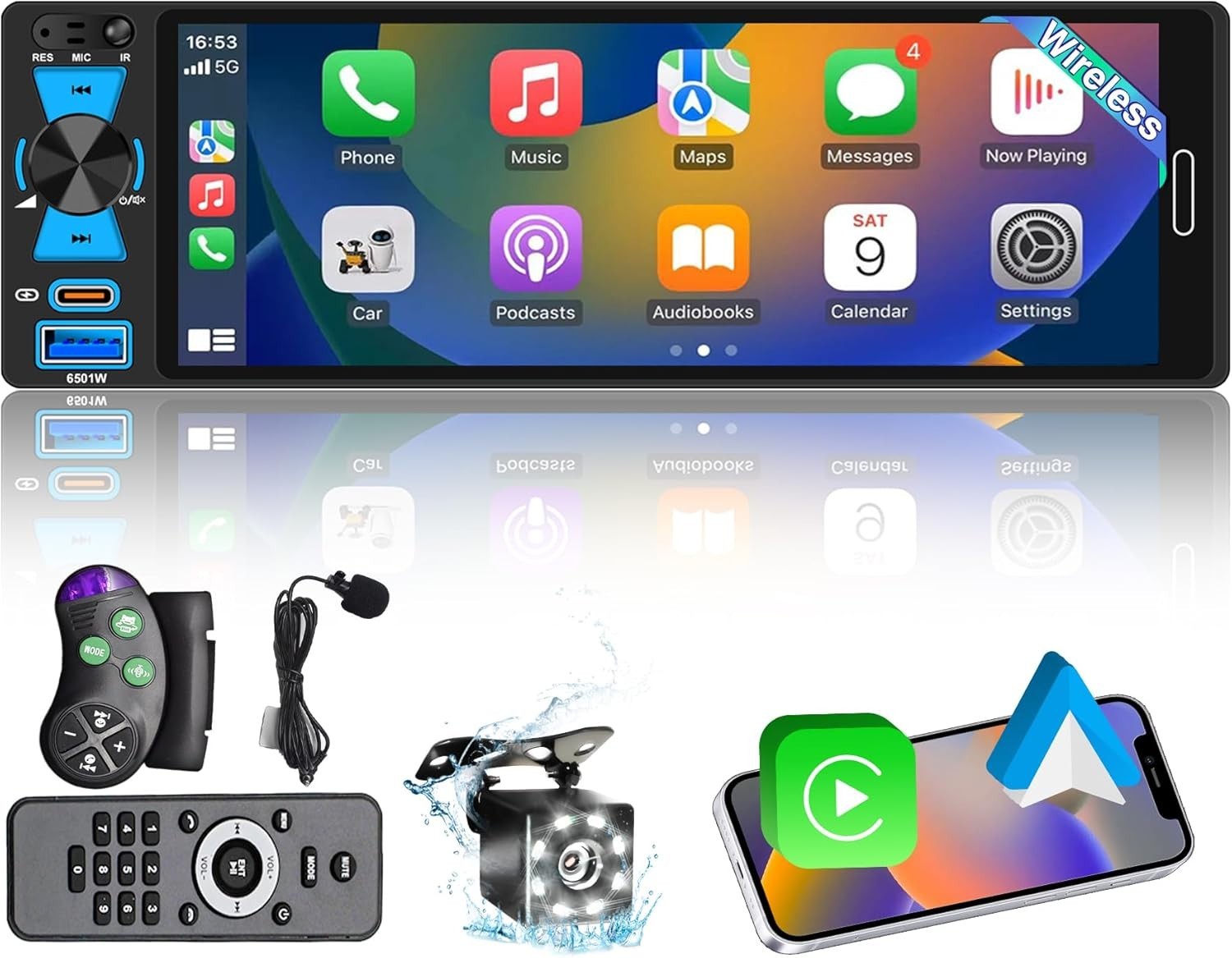 6.5″ Single Din Touchscreen Radio with Wireless Apple CarPlay & Android Auto,…