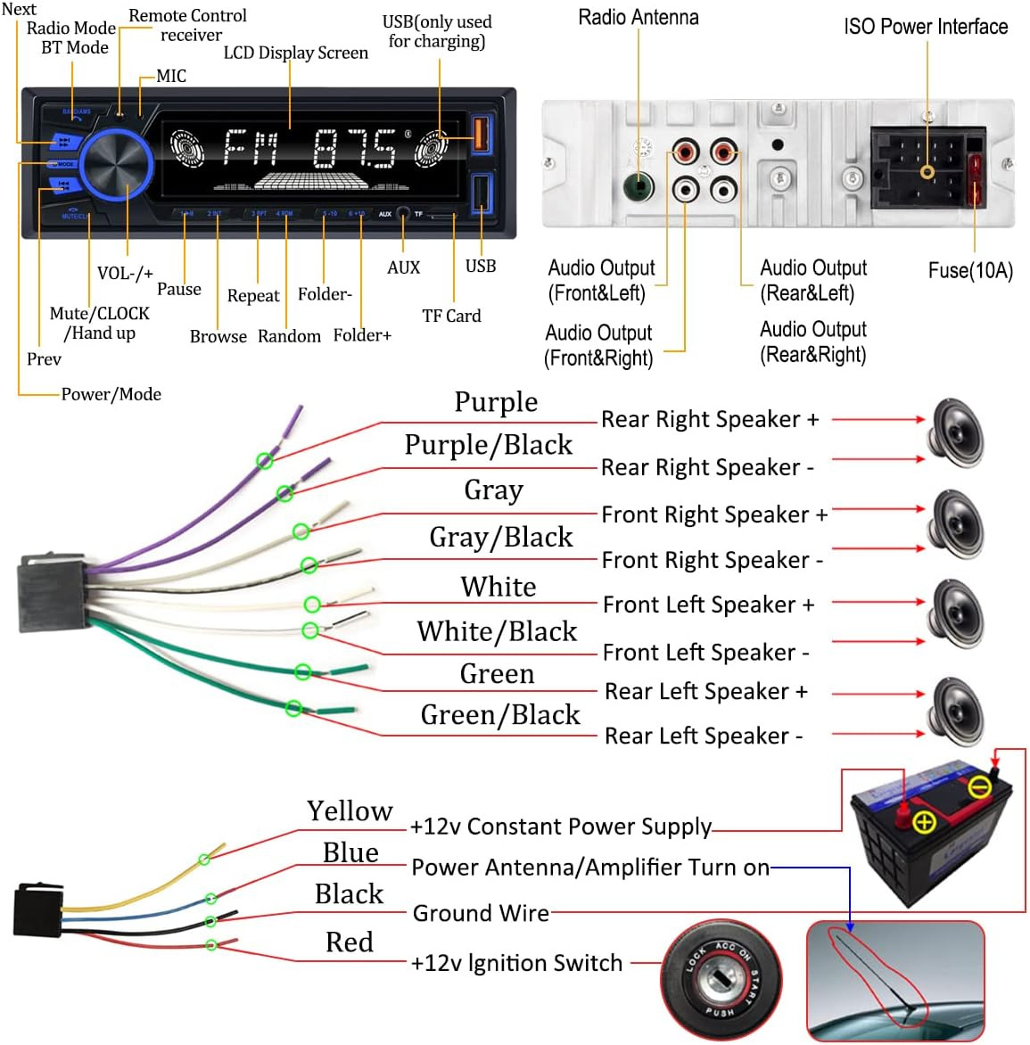 Radio Auto Bluetooth de DIN Unico FM USB Aux Sin CD Manos Libres Control App