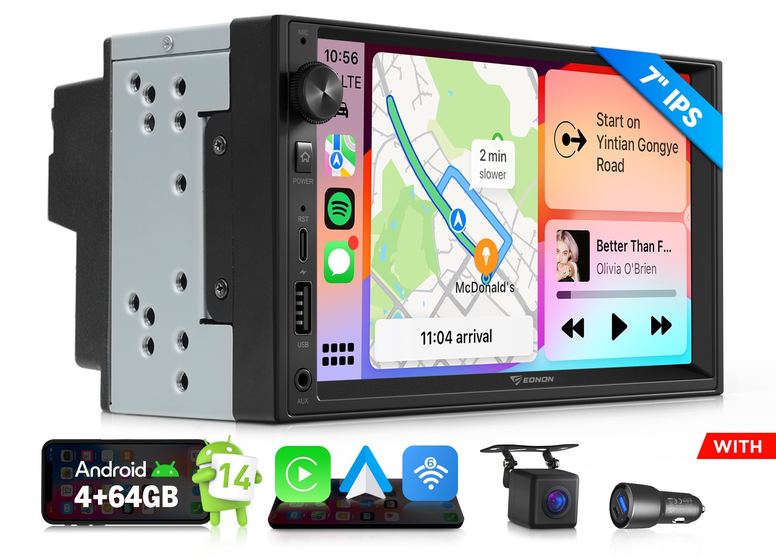UX7A 7″ IPS Android 14 Car Stereo 4+64GB CarPlay GPS Double DIN Radio Bluetooth