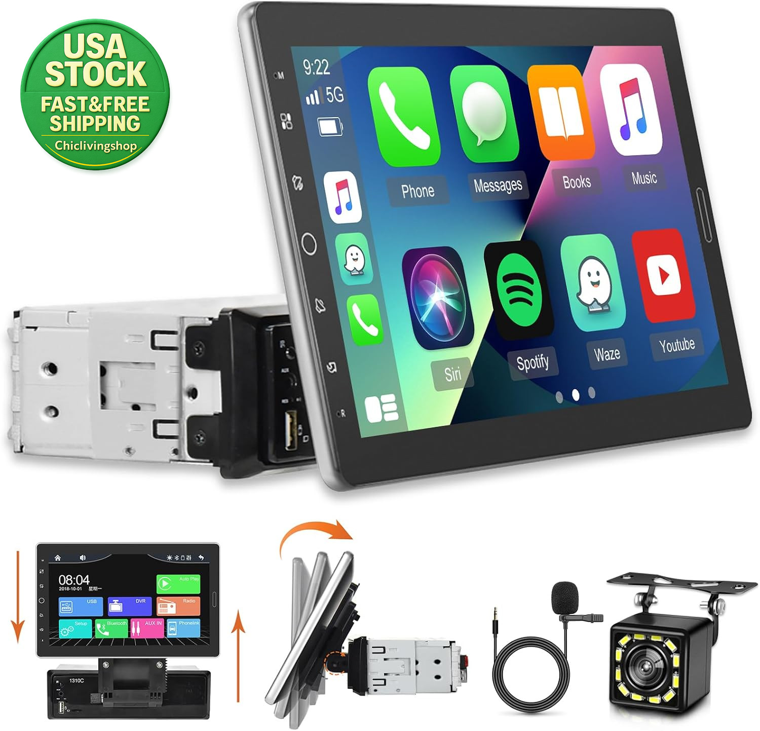 10.1 Inch Single Din Car Stereo Carplay Android Auto Touch Screen Radio Backup