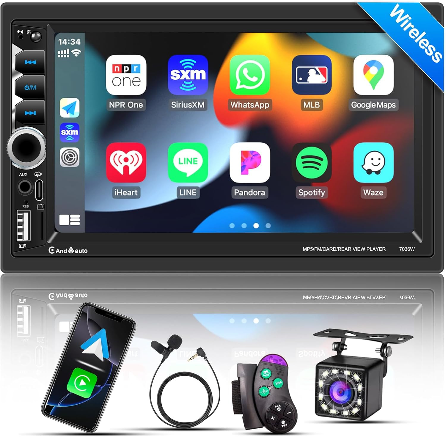 Wireless Apple Carplay Double Din,7″ Car Bluetooth 5.2,FM Car Radio,Ips 1024*600