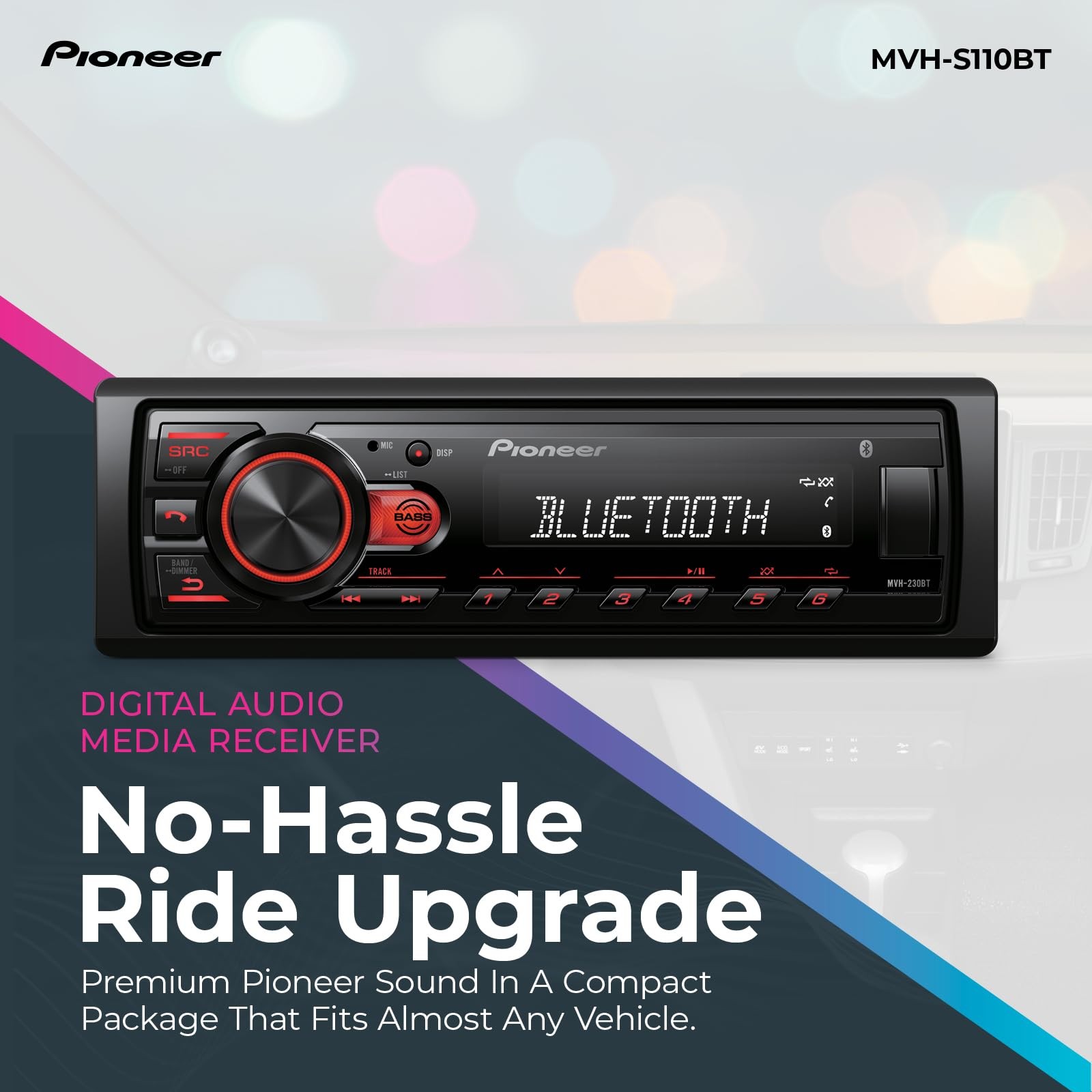 Pioneer MVH-S110BT 1-Din Digital Media Receiver Car Stereo – Bluetooth, Black