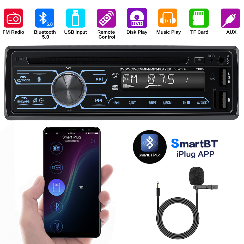 Car Stereo Single 1DIN In-Dash FM Radio Stereo CD DVD Player USB AUX Bluetooth