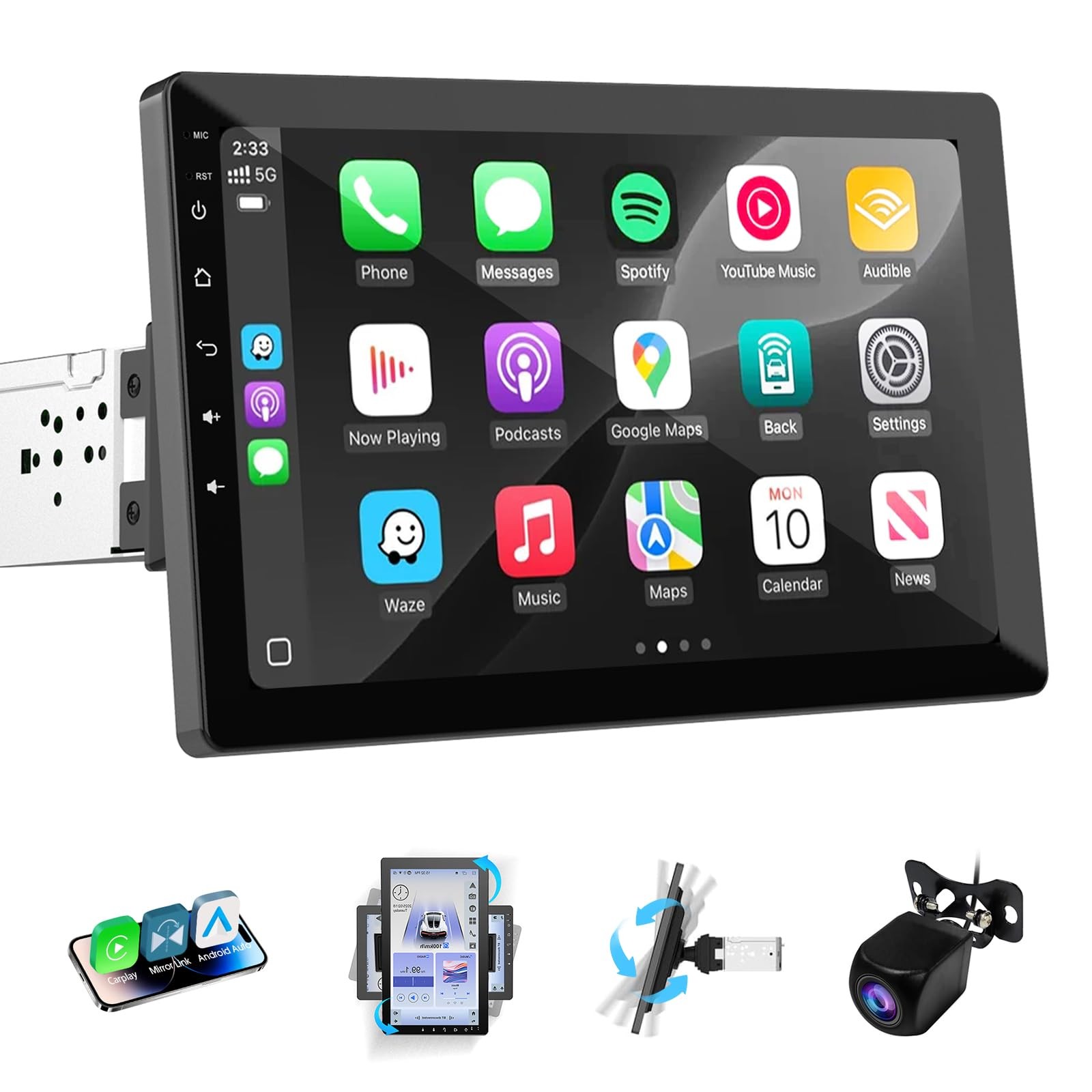 Haudio 10.1 inch Single Din Car Stereo, Rotatable Touch Screen Radio with Wir…