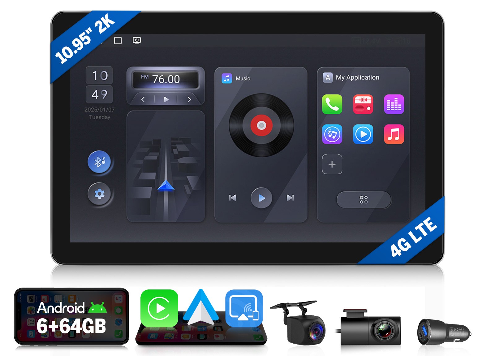 DVR+CAM+10.95 inch 2K 6+64G 1DIN Android 13 Car Stereo CarPlay GPS Navigation 4G