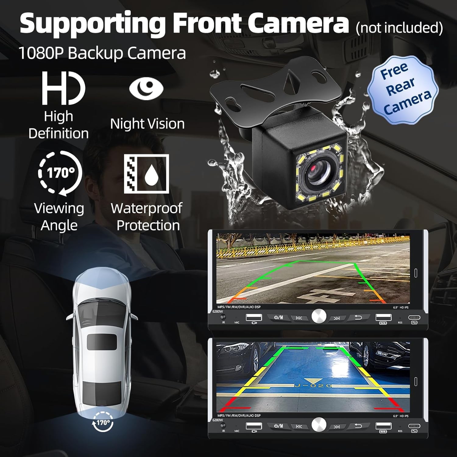 Single Din Android14 Car Stereo Wireless Apple CarPlay 6.9″ Bluetooth USB BT+AHD