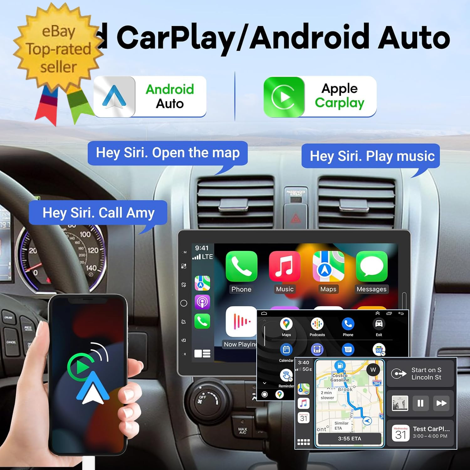 10.1 Inch Single Din Car Stereo with Carplay and Android Auto, 10 Inch Touch Scr