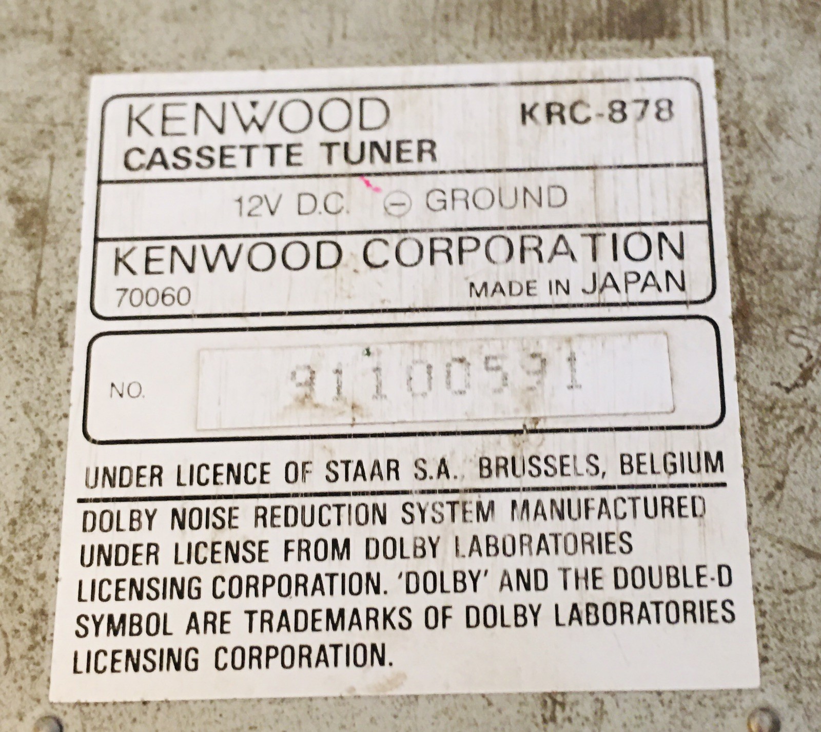 Vintage Kenwood KRC-878 Cassette-Tuner Car Stereo No Harness READ DESC Tested!