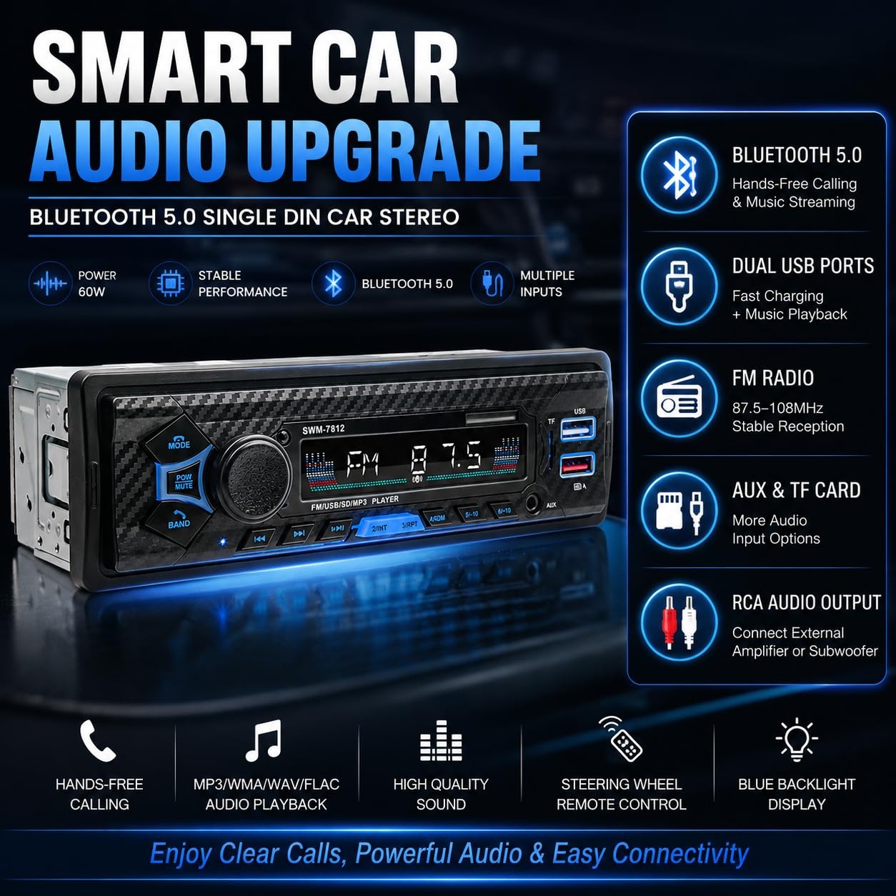 Single Din Car Radio Stereo Bluetooth AI Voice Steering Wheel Control FM USB