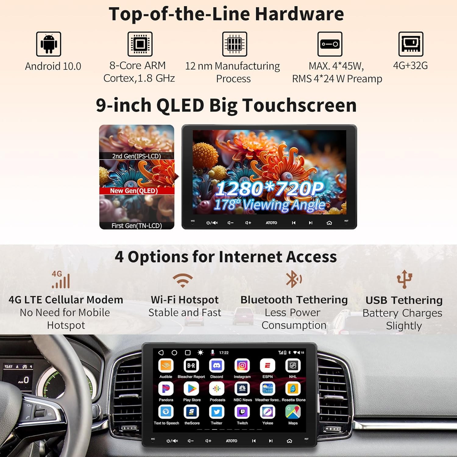 ATOTO S8 9″ Universal Android 4G+32G GPS Carplay Car Stereo Radio 4G LTE Camera