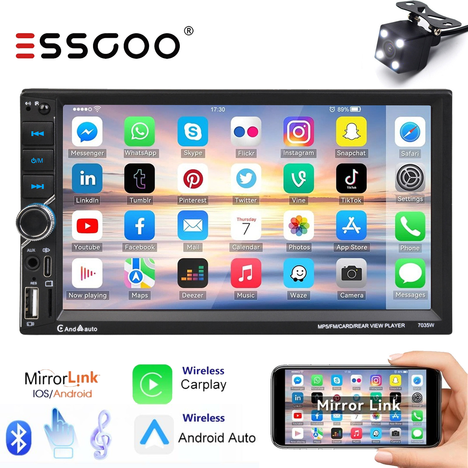 Upgrade 7″ Car Stereo Radio Double 2DIN Head Unit with Bluetooth CarPlay &Camera